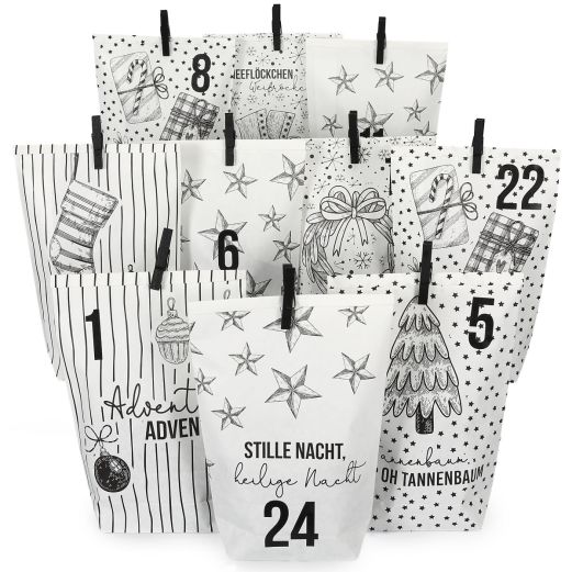 Adventskalender Set BLACK AND WHITE CHRISTMAS - Tüten-Set zum Befüllen